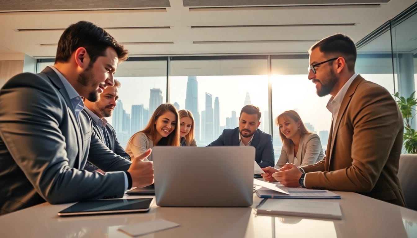 Business Consultants in Dubai collaborating in a modern office setting with a city skyline backdrop.