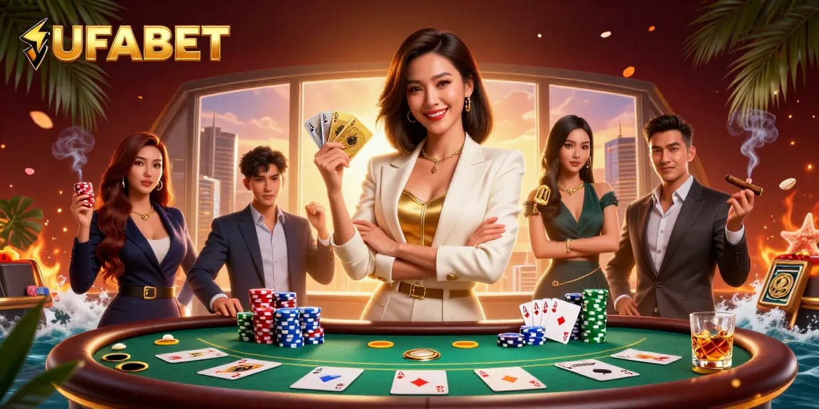 Experience high-stakes poker at UFABET with a glamorous dealer showcasing golden cards.