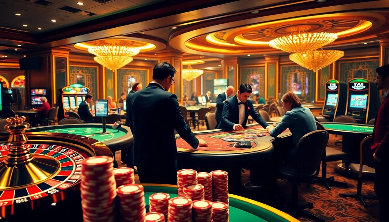 Scène engageante d'un casino en ligne France fiable avec des joueurs appréciant des jeux de poker à enjeux élevés et de la roulette.