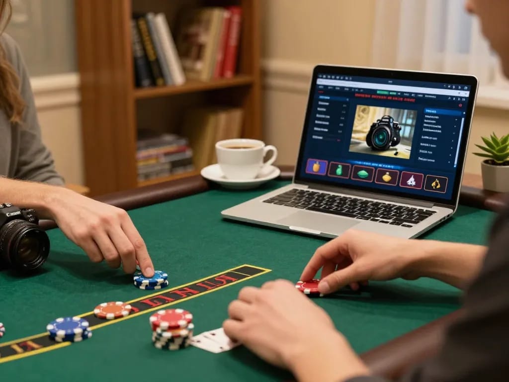 Playing blackjack on lc88 com with chips placed on the virtual table, cozy home setup.