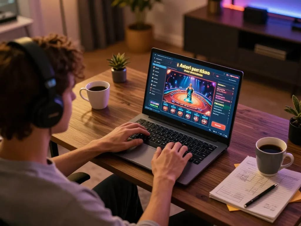 Engaging gameplay at casino esteri per italiani, showcasing a person using a laptop in a cozy home setting.