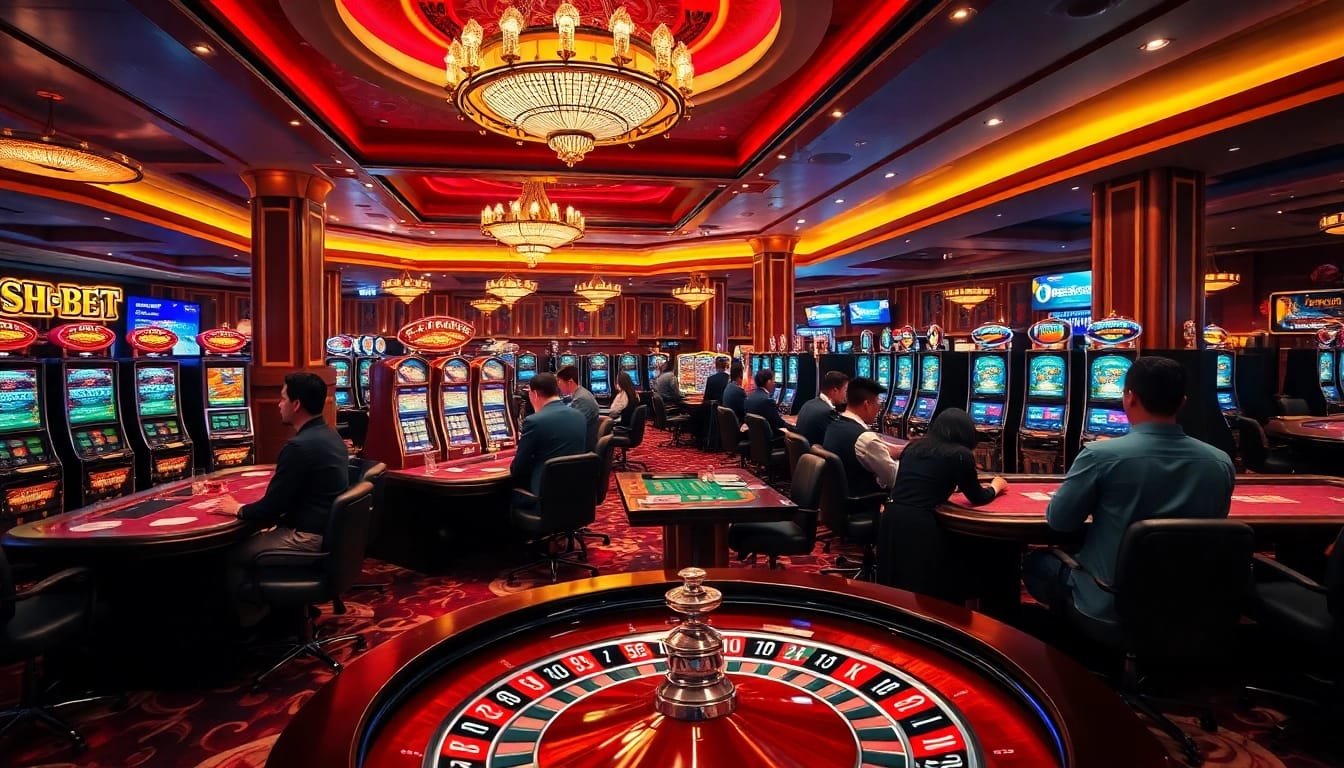 Exciting gameplay scene at SHBET casino showcasing luxurious gaming tables and vibrant slot machines.