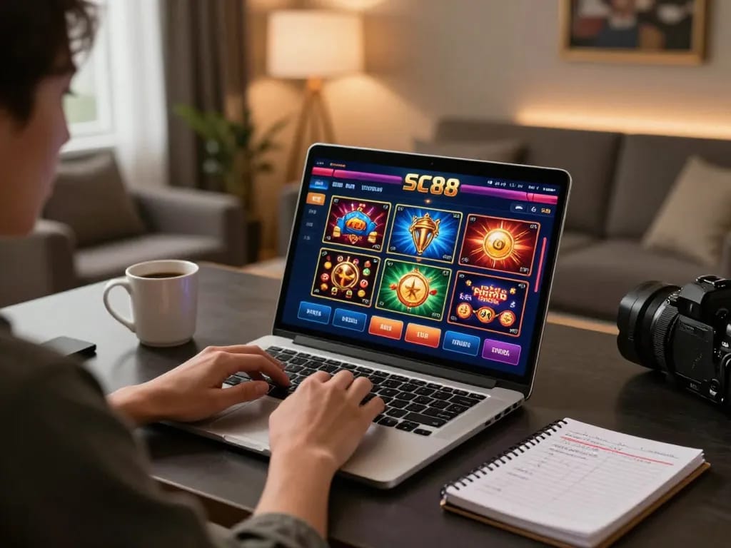 Engaging SC88 online gaming setup with vibrant interface on laptop, showcasing responsible gambling.