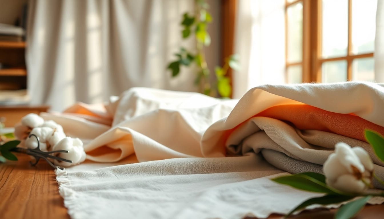Katoen stoffen met levendige texturen en kleuren op een houten tafel afgebeeld.
