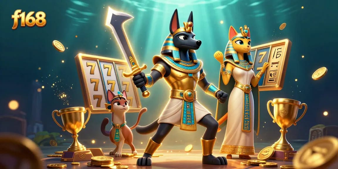 Experience thrilling f168 slot gameplay with Anubis and Bastet amidst dazzling ancient themes.