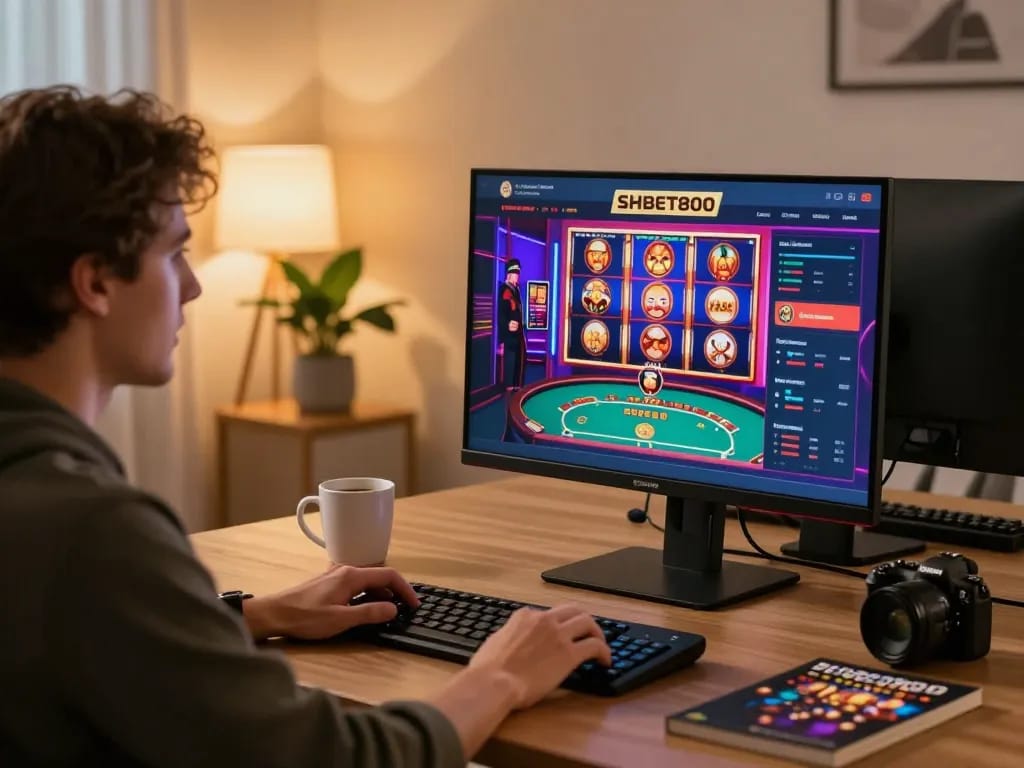 Playing slot games on SHBET800 casino platform with a cozy home setup and warm ambiance.