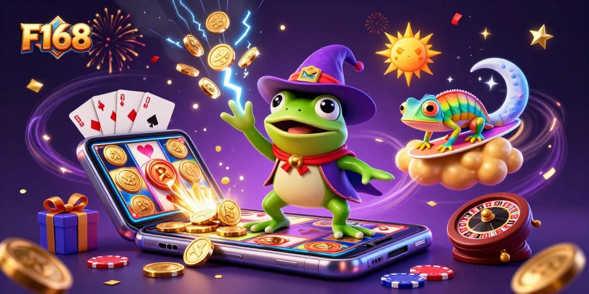 F168 celebrates with a wizard frog and chameleon in a dynamic casino scene filled with coins and games.