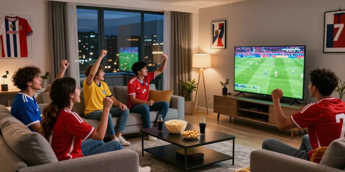 Friends enjoying a lively match on kora tv in a modern living room.