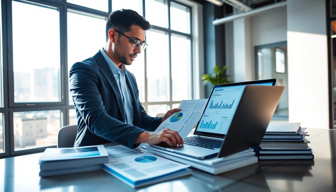 Consultant analyzing FCPA/DCAA/Flowdown/ITAR/EAR compliance documents in a modern office.