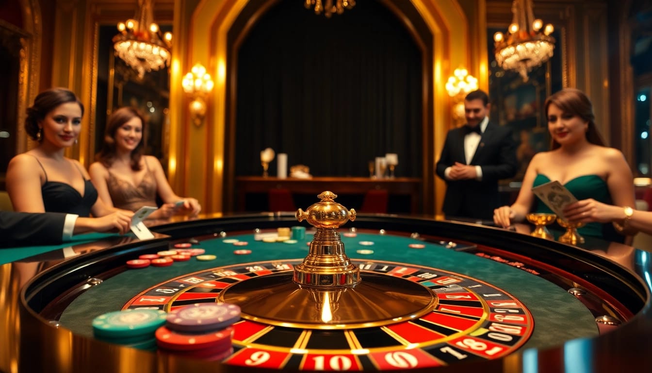 Erleben Sie neue casino bonus ohne einzahlung bei einem eleganten Roulette-Tisch mit Spielern.