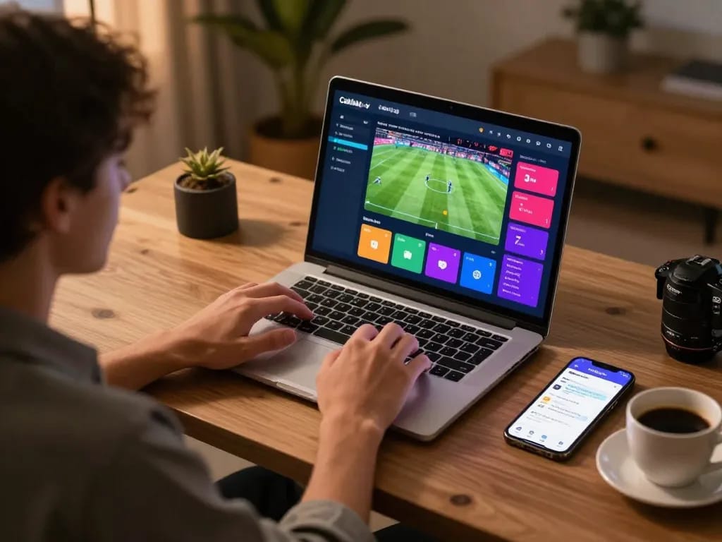 Cakhiatv user engaged in online soccer betting on a laptop with live streaming and mobile app displayed.