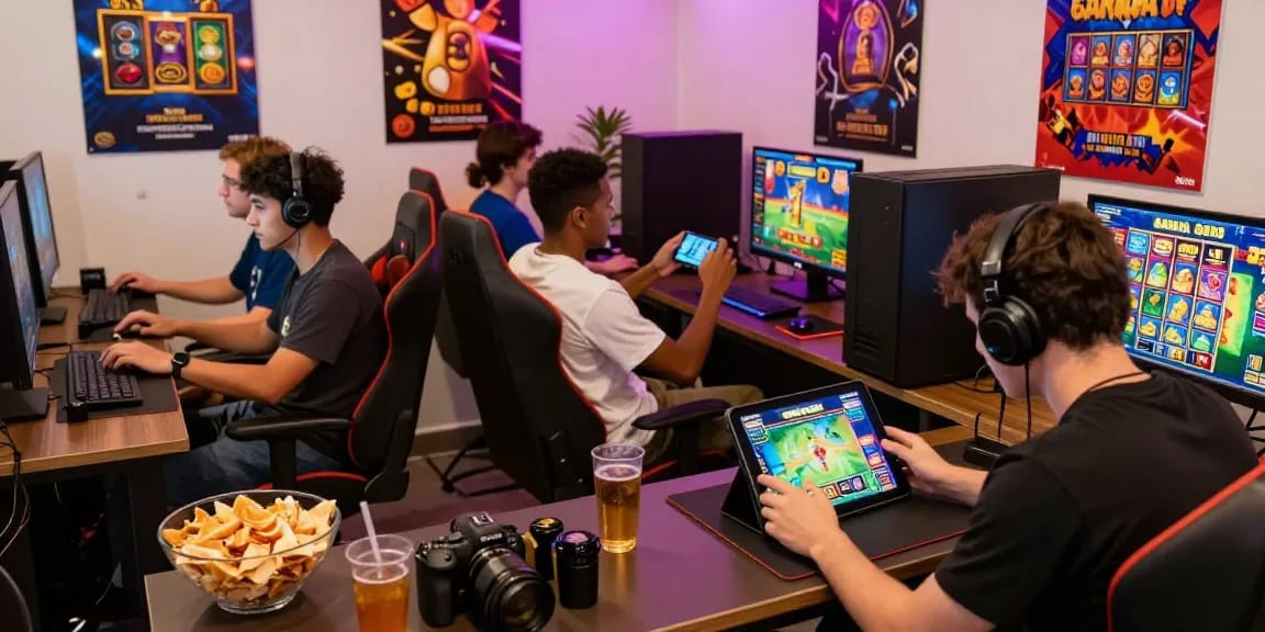Engaging moment of players enjoying GARUDA303 slot games in a vibrant, modern lounge.