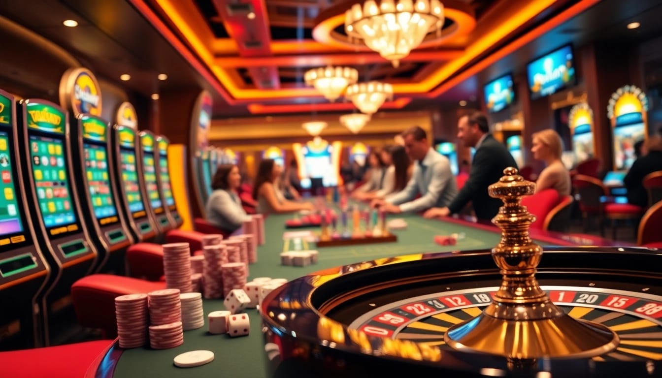 Exciting casino action with players enjoying games at https://okfun.uk.net/ featuring poker chips and slot machines.