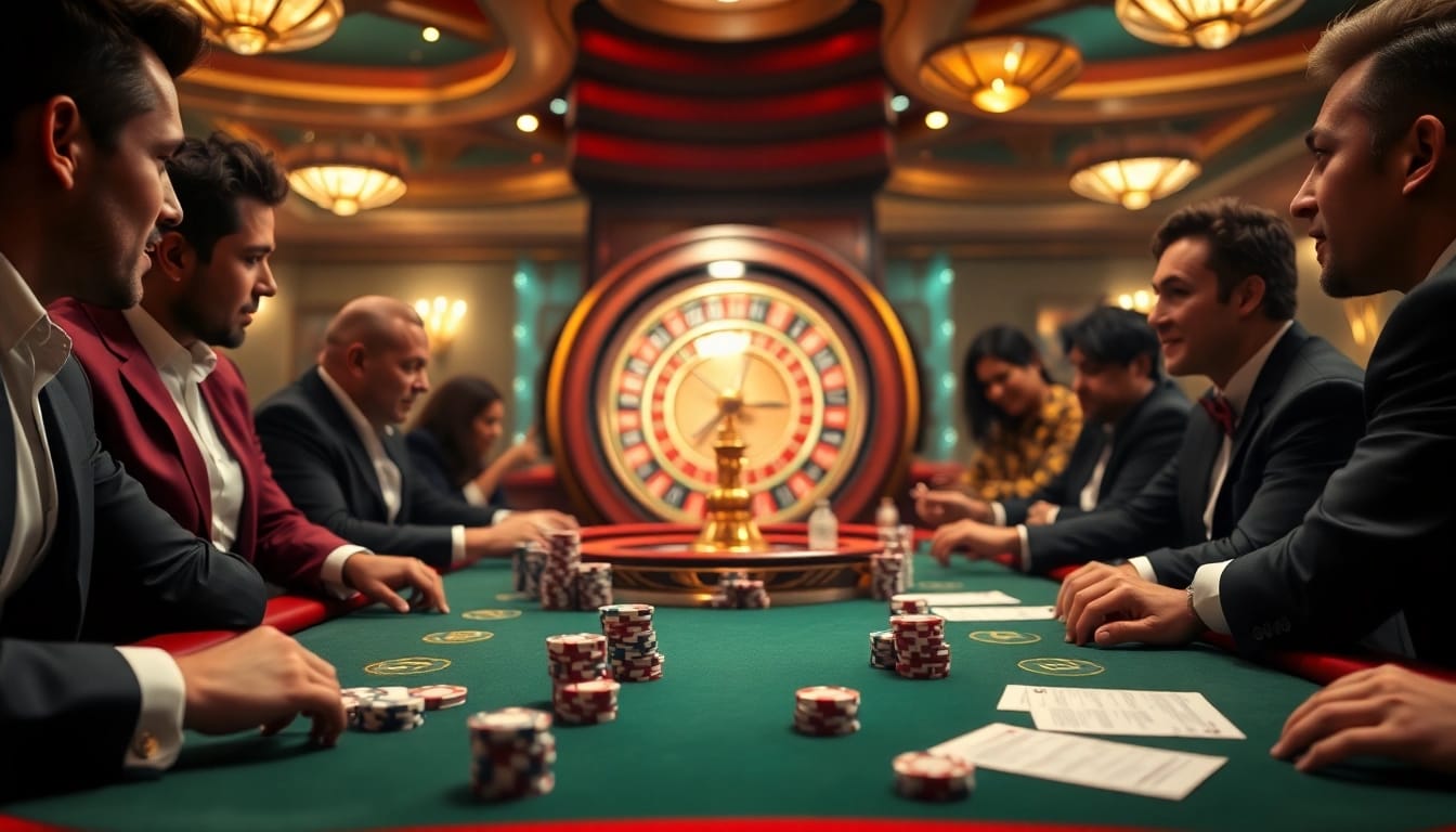 Action de poker passionnante avec des jetons vibrants et une roue de roulette, mettant en avant le casino en ligne France fiable.