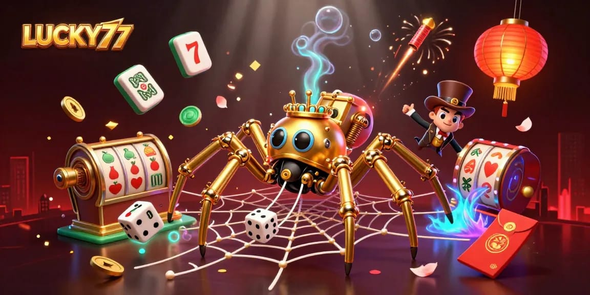 Engage with LUCKY77's vibrant casino scene featuring golden spider, lucky slots, and amusement.