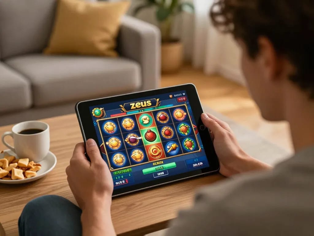Pemain yang terlibat memutar permainan slot Zeus di tablet dalam suasana rumah yang nyaman.