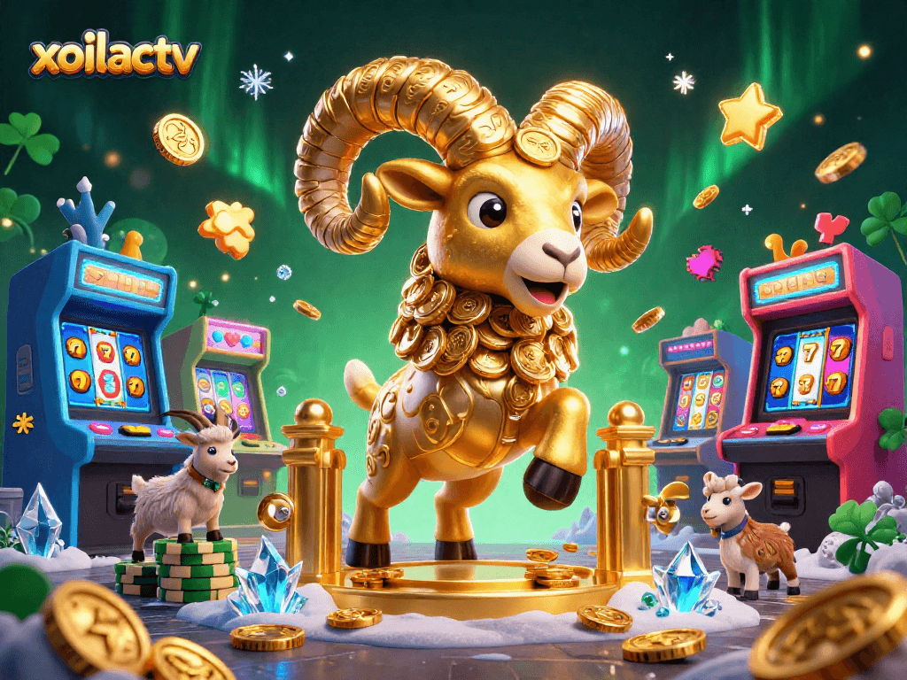 xoilactv engages players with a rich 3D illustration of a golden ram charging into a casino scene filled with vibrant gaming elements.