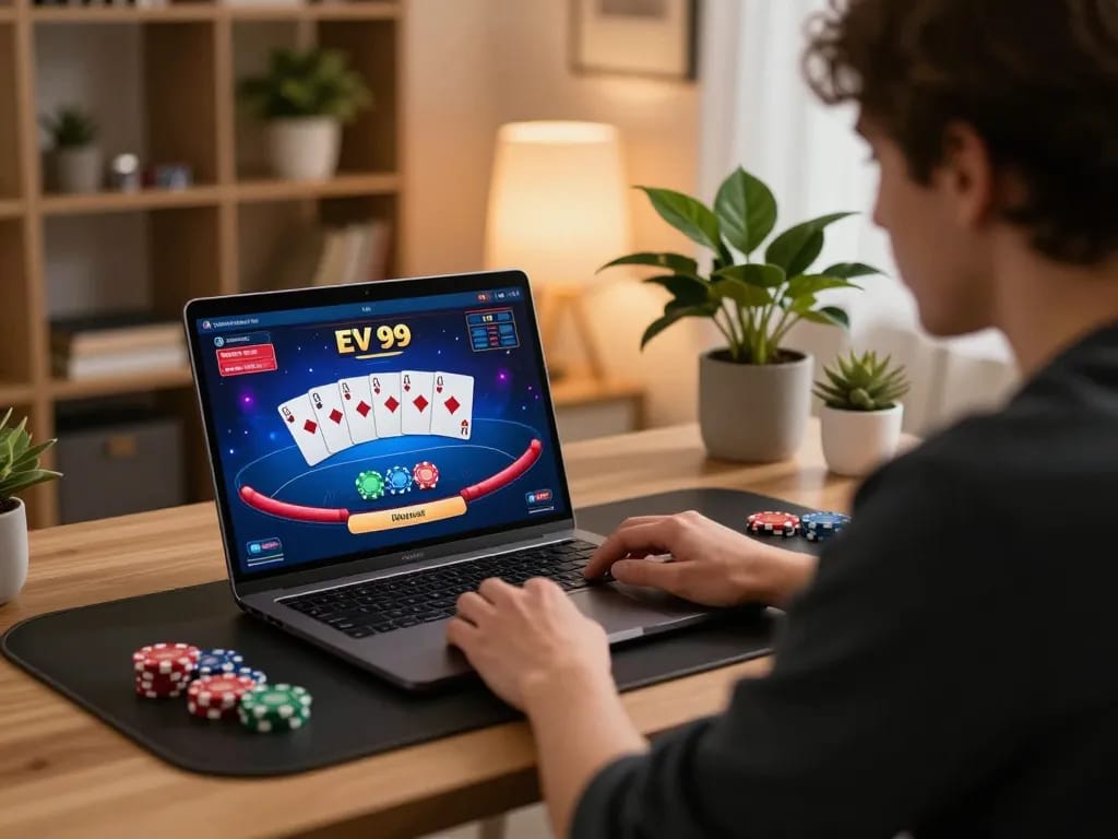 Engaging in strategic gameplay with EV 99 online poker in a cozy home setting.