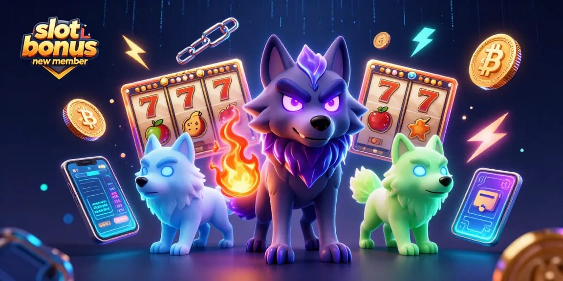 Engage with the excitement of slot bonus new member offers featuring vibrant slot reels and glowing crypto elements.