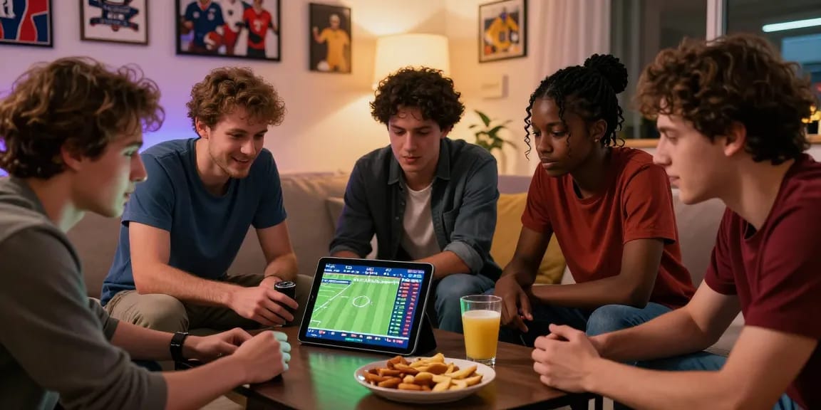 Agen Parlay Idngoal in action as friends strategize their bets on a tablet during an exciting game night.