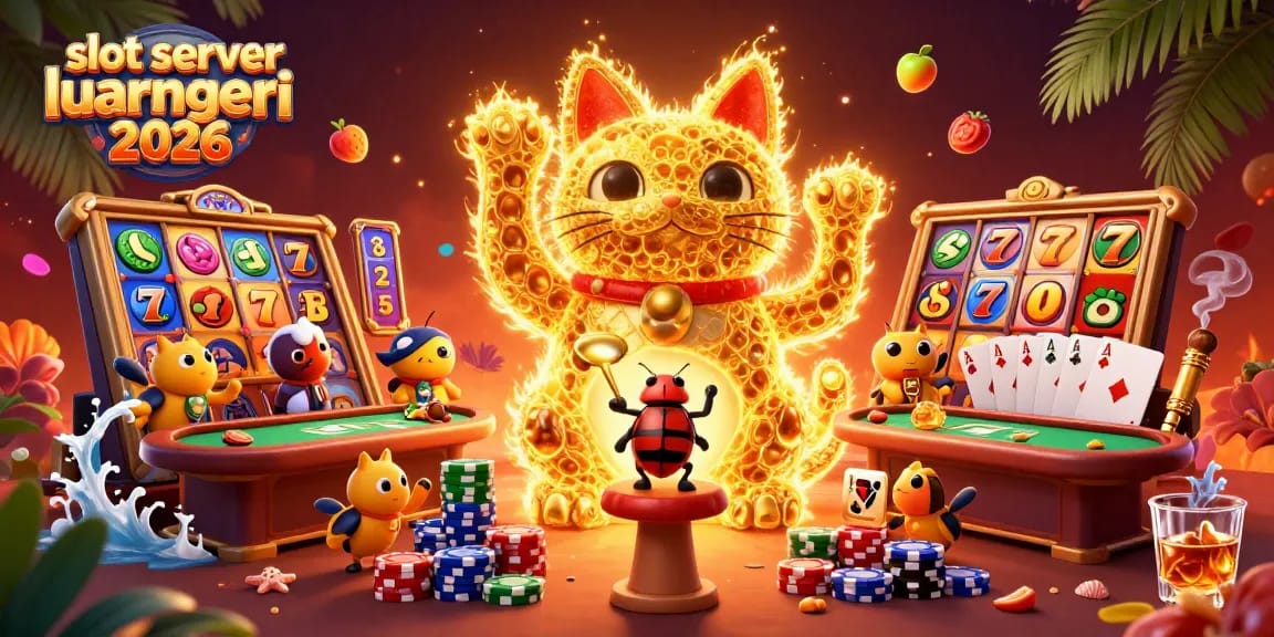 Engaging scene showcasing 'slot server luar negeri 2026' with a giant lucky cat made of fireflies amidst vibrant slot symbols and dynamic poker elements.