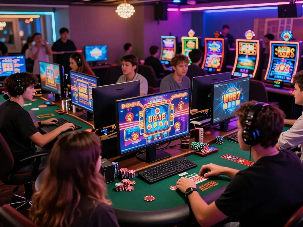 Scene permainan daring yang menarik menampilkan pemain menikmati slot dan poker situs gacor.