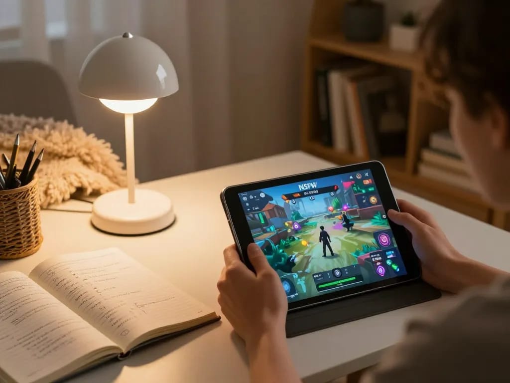 Engaging scene of playing nsfw games apk on tablet in a cozy home setting, emphasizing responsible entertainment.