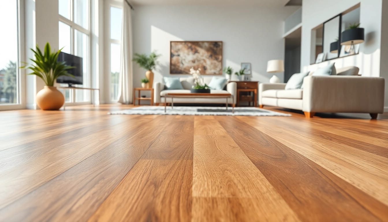LVP flooring near me enhances a stylish modern living room with bright sunlight and rich textures.