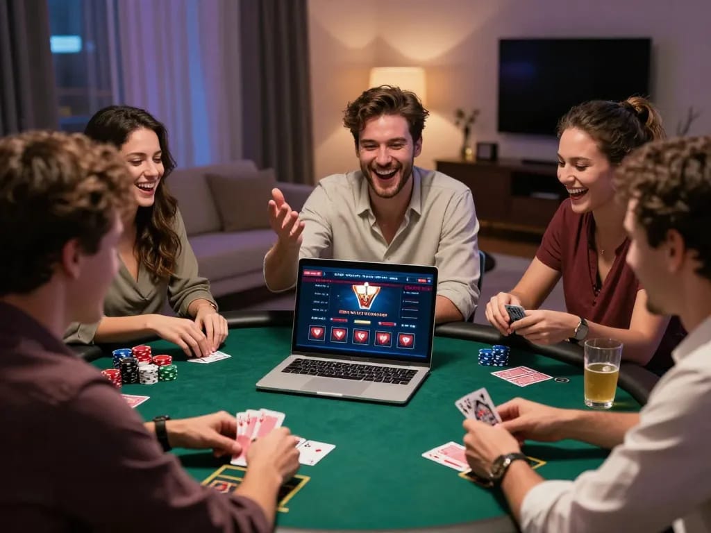 Friends enjoying a fun poker night using 888top's online platform, laughing and interacting over a laptop.