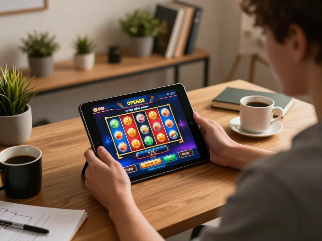 Engaging with open88 nhà cái's online casino slots on a tablet in a cozy home setting