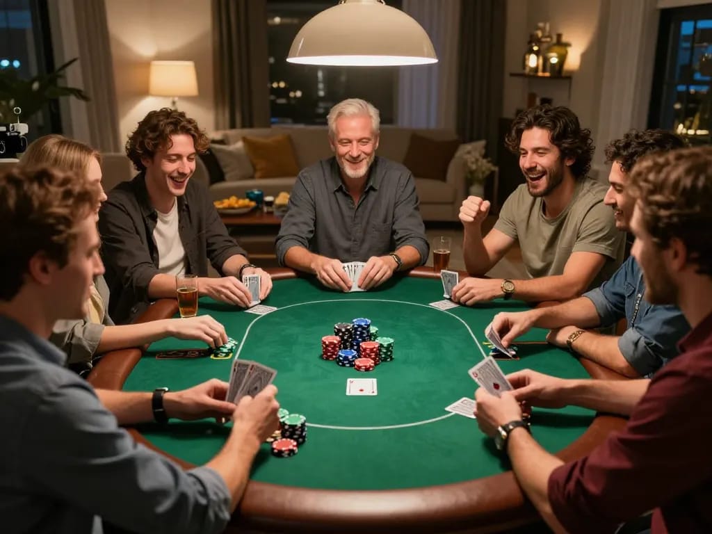 Players enjoying a thrilling card game during poker night at home, sc88 nhà cái engagement enhancing social gambling fun.