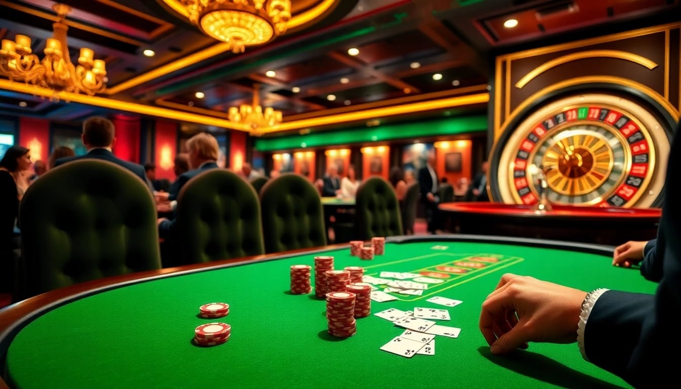 Une partie de poker à enjeux élevés mettant en avant le casino en ligne France fiable avec des jetons et des cartes vibrants.