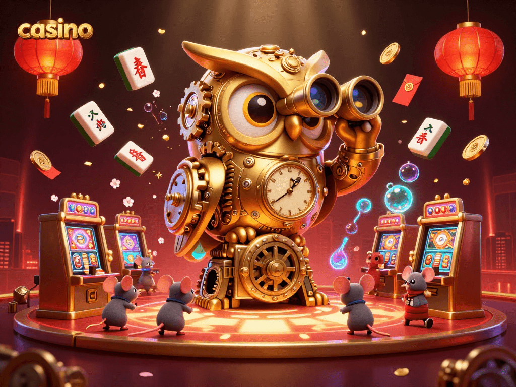 Experience thrilling casino action with a clockwork owl overseeing bustling gaming tables and festive elements.