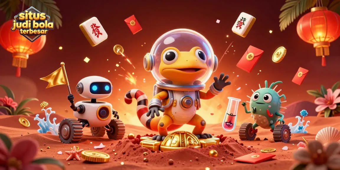 Delight in the vibrant scene with the situs judi bola terbesar showcased, featuring a Martian gecko exploring a golden casino.