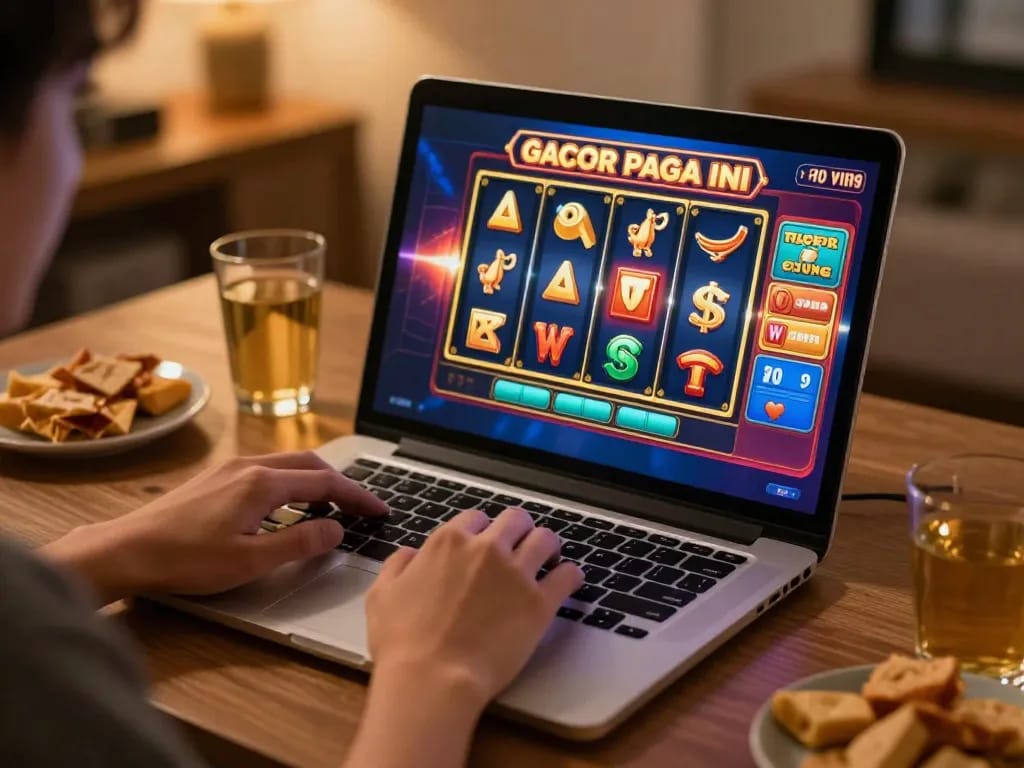Engaging in slot gacor pagi ini through online gaming on a laptop, showcasing excitement and strategy.