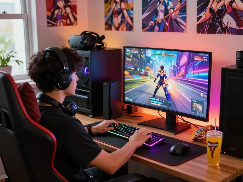 Engaging gamer playing a dynamic hentai game with vibrant RGB setup and anime decor.