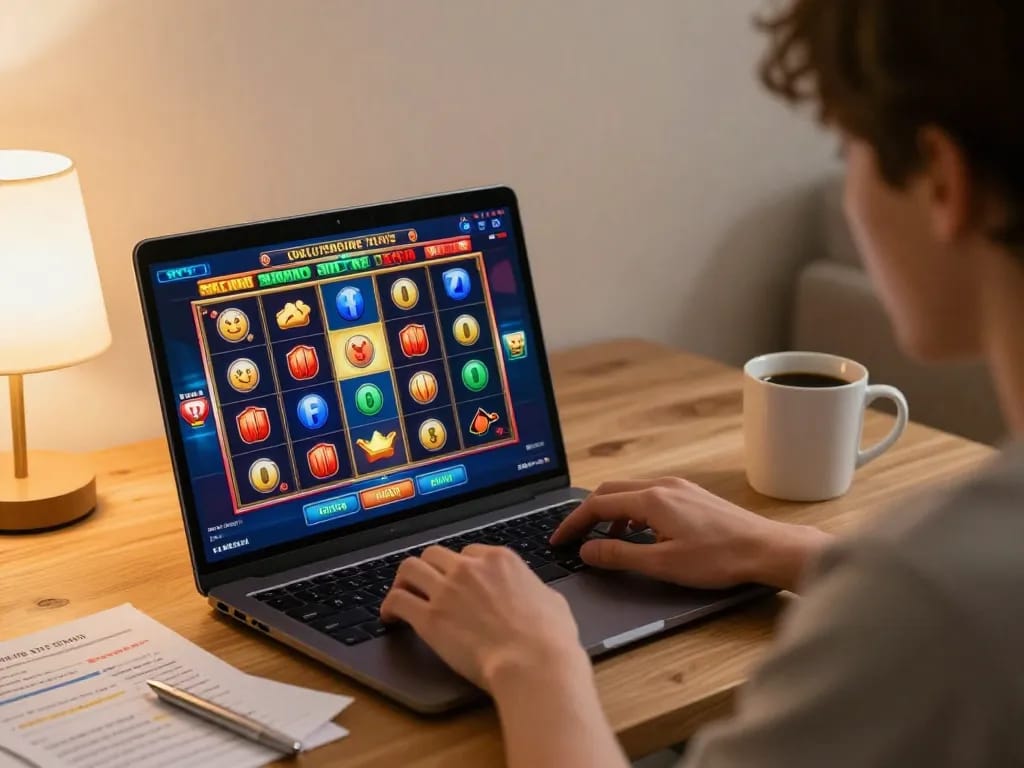 Player engaging in online slots at home using a direct เว็บตรง casino platform, showcasing a winning moment