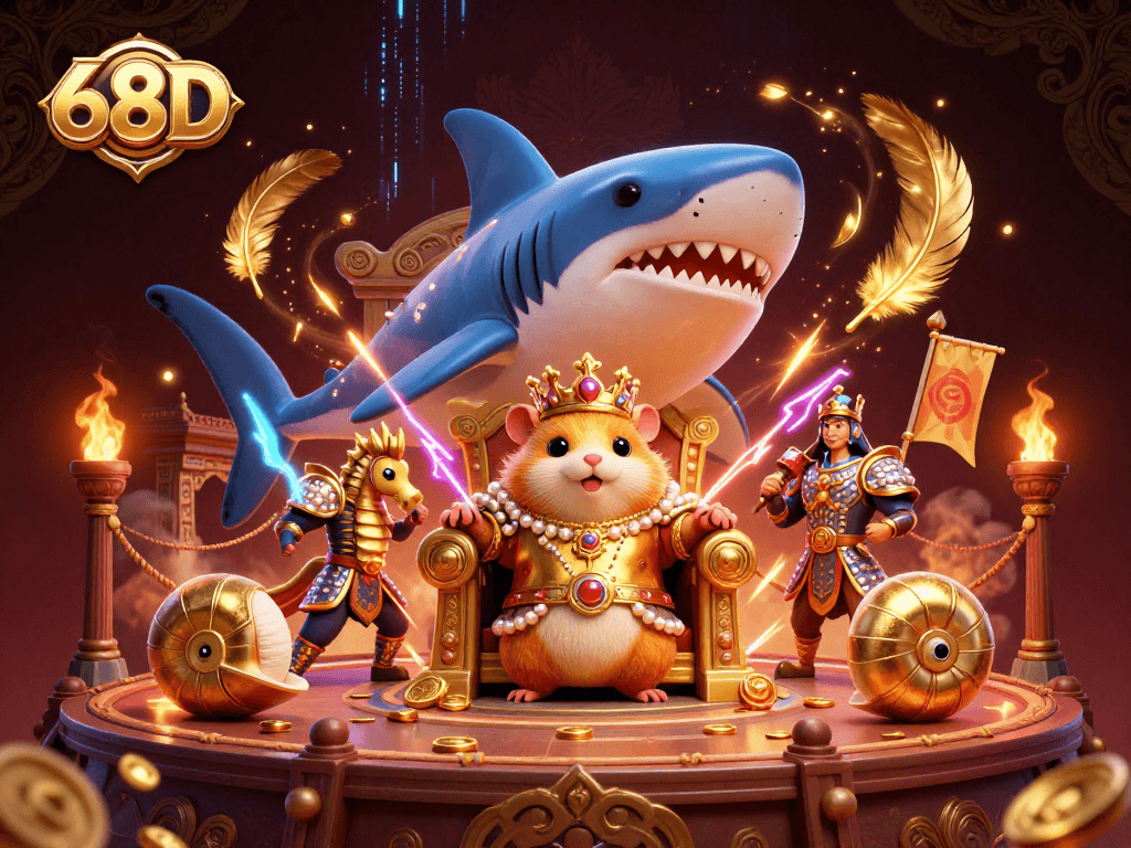 O casino 68D apresenta um rei hamster em um trono luxuoso com temática de apostas.