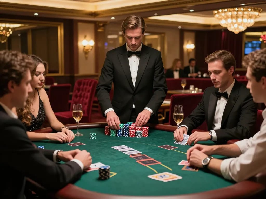 Players enjoy an upscale poker game in a stylish casino, showcasing sc8885 excitement and strategy.