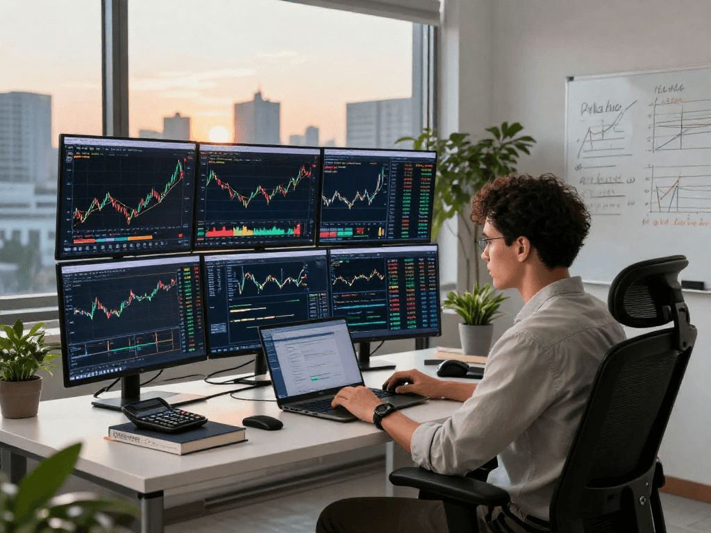 交易员在现代办公环境中使用MetaTrader 5进行市场分析，显示股票和外汇数据。