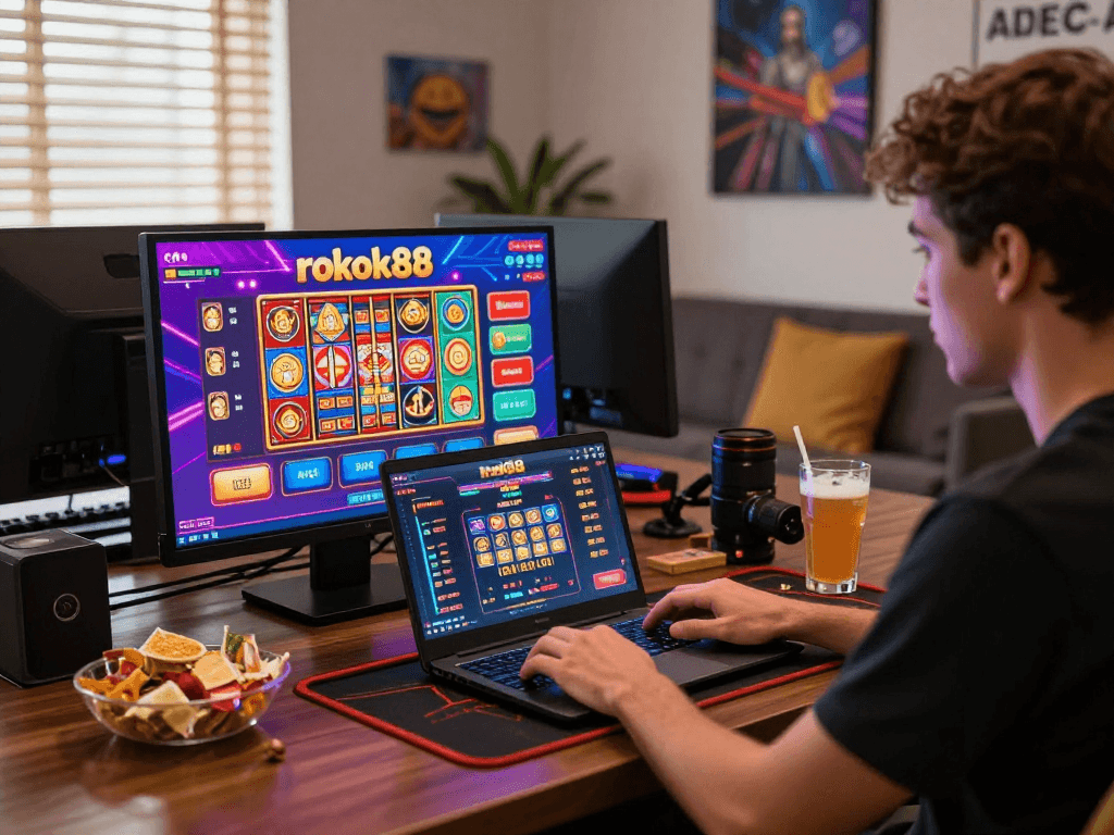 Person engaged in online gaming at rokok88, colorful graphics and snacks creating an inviting atmosphere.