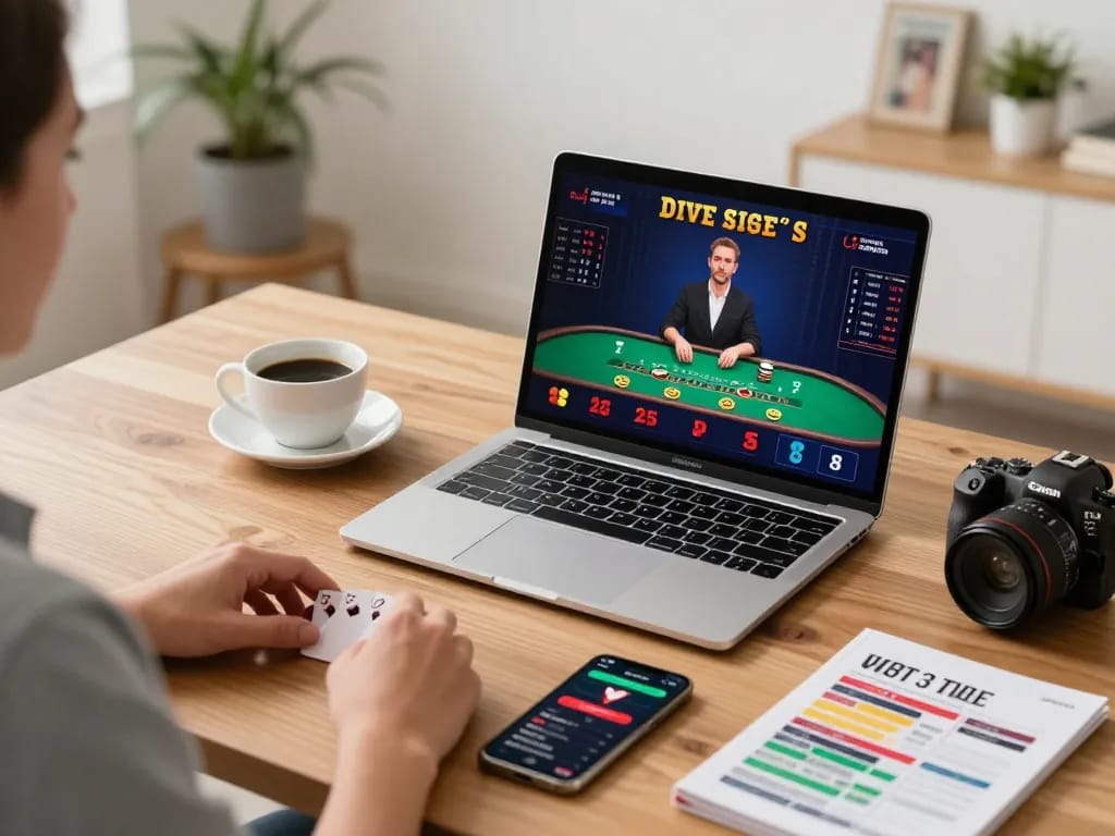 C168 online blackjack gameplay on a laptop, with player engaged and strategy notes visible.