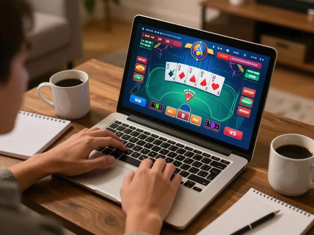 Player enjoying online poker at home with 58win on laptop screen, showcasing strategic gambling.