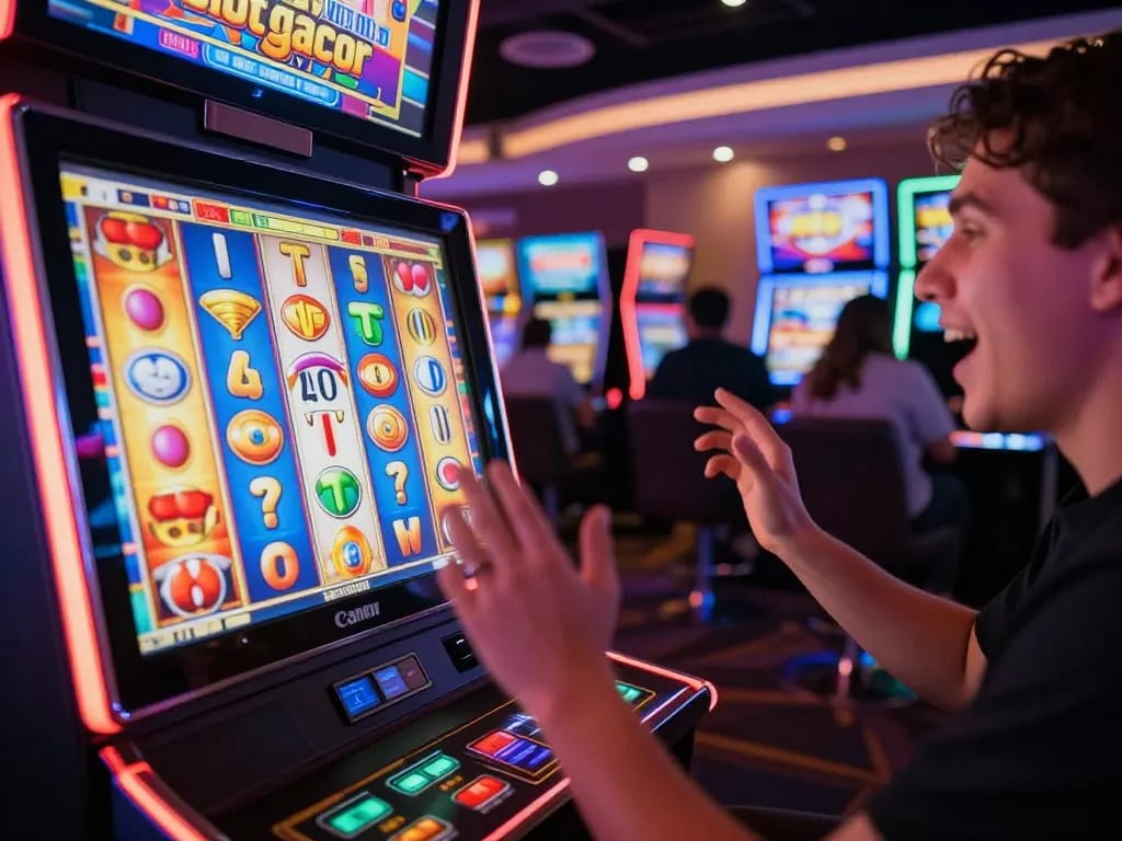 Player celebrating a big win on a slot gacor machine with colorful spinning reels.