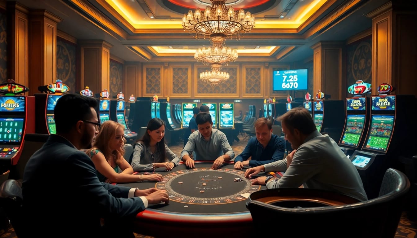 Vivez un moment palpitant dans un casino en ligne France fiable, avec des joueurs à une table de poker luxueuse.