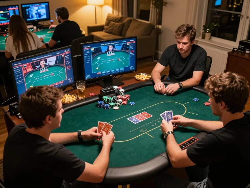 Engaged players strategizing during an online poker game session at home, capturing the 77WIN experience.