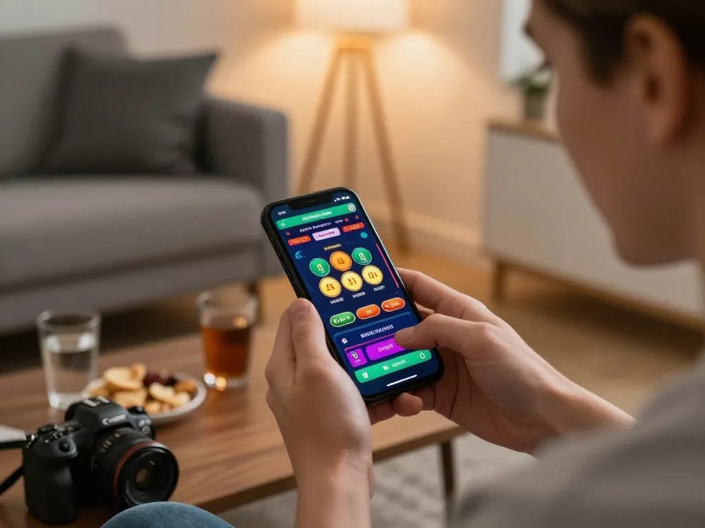 Engaging in online gambling on 789win mobile app in cozy home setting.