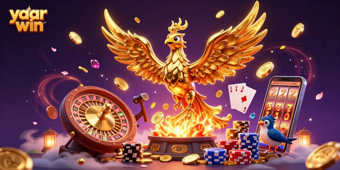Engage with the stunning yaar win scene featuring a molten gold phoenix amidst dynamic casino elements.