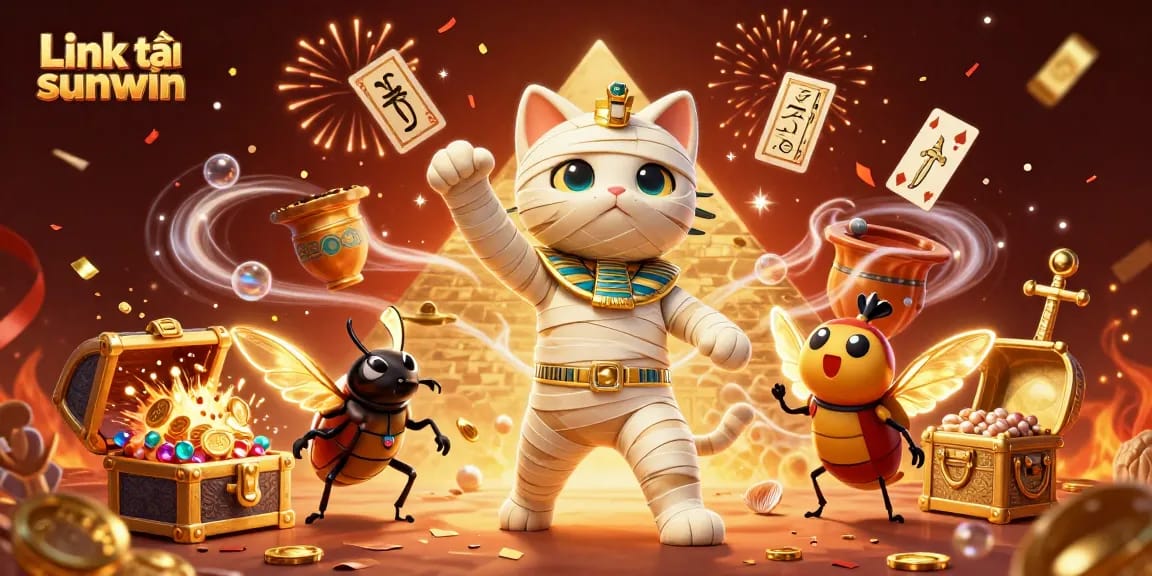 Capture the exciting moment with "Link tải sunwin" as a mummy cat and scarab beetle burst into a casino scene.