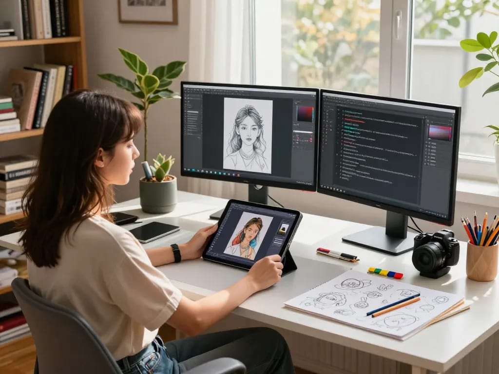Creative workspace where an individual uses image to prompt ai tools to generate prompts from images, with colorful art supplies visible.